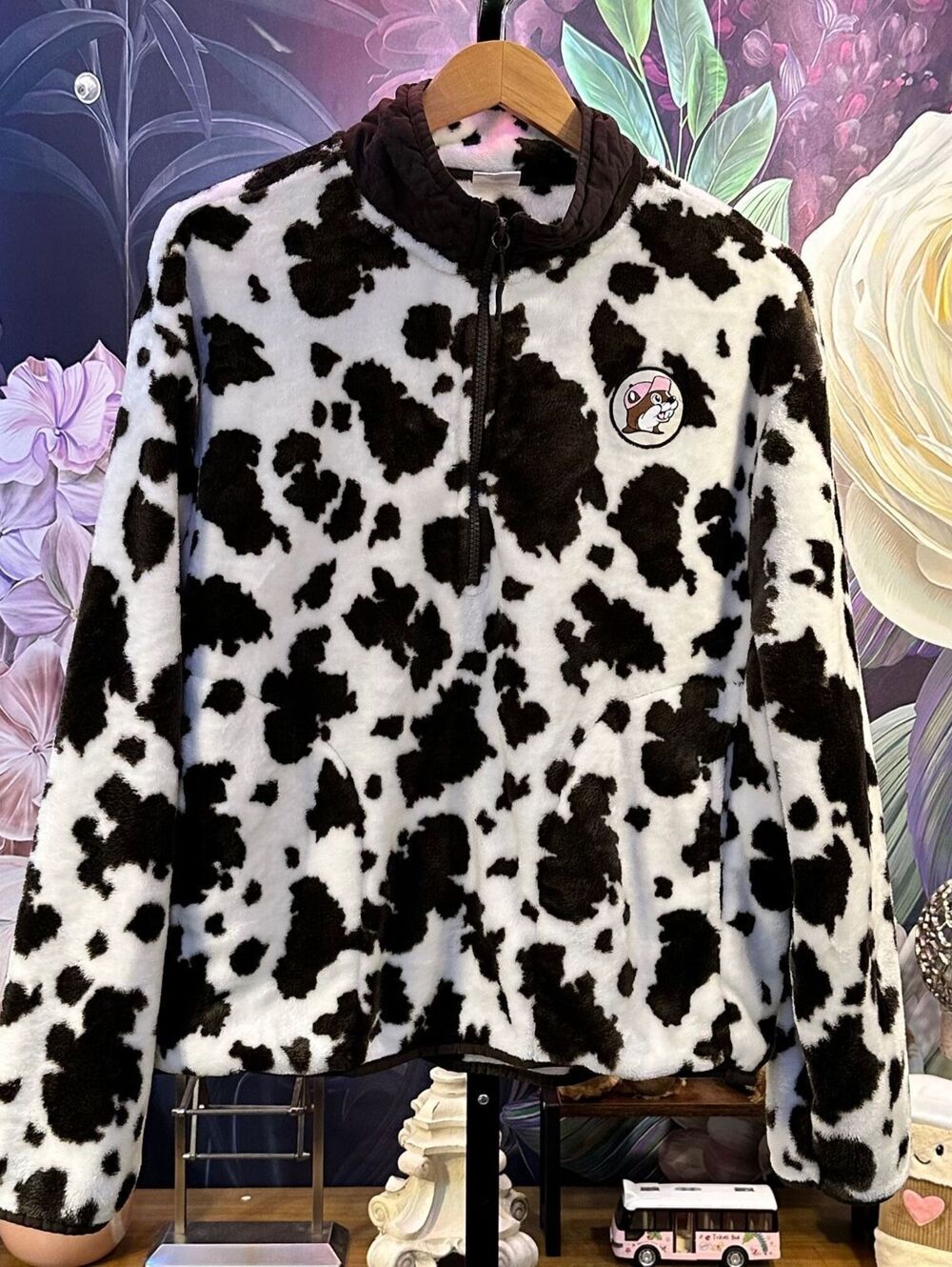 Buc-ee's Large Cow Print Fleece Pullover Western Cowgirl Quarter Zip Unisex